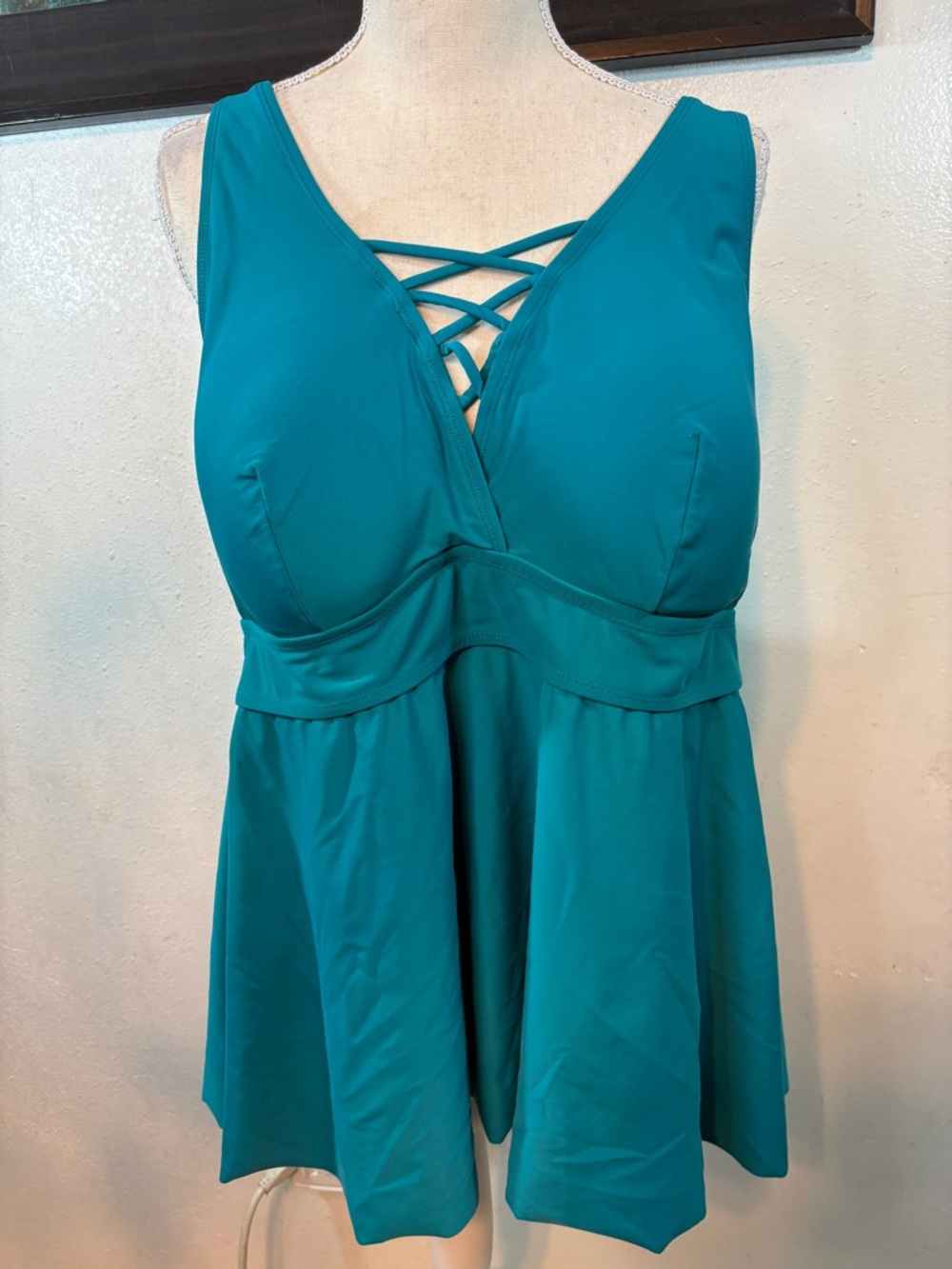 Teal Crisscross V-Neck Tankini Top